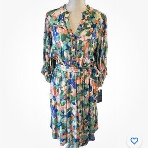 NWT Democracy Sz S Long Sleeve V Neck Button Front Floral Midi Dress w Belt $88